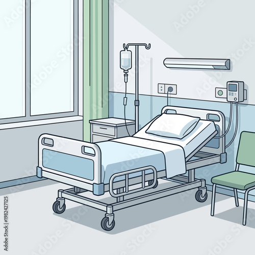 Medical Hospital Bed With IV Stand And Monitoring Equipment.