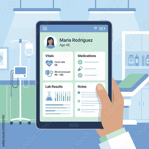 Medical professional holding a digital tablet with patient electronic health records.