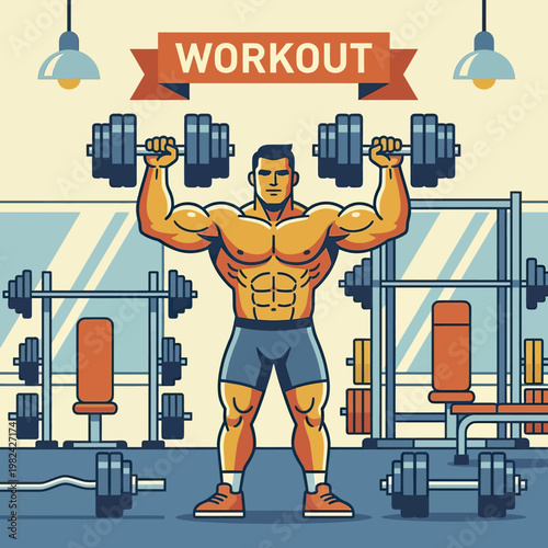 Muscular Bodybuilder Performing Overhead Dumbbell Press Exercise in Gym.