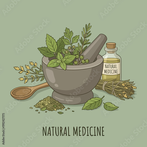 Natural medicine concept with mortar and pestle containing fresh medicinal herbs.