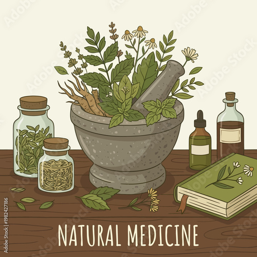 Natural medicine herbs in a stone mortar with bottles and book.