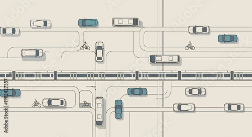 Minimalist Top-Down Illustration of Urban Transportation Network with Train, Cars, Buses, and Cyclists