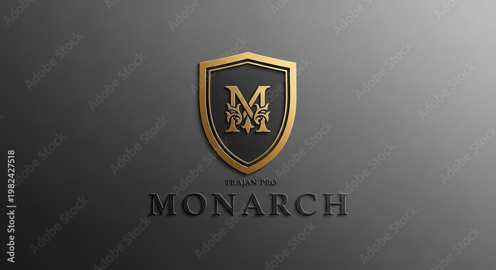 Fototapeta premium A metallic shield emblem with the letter 'M' and decorative elements, with text below.
