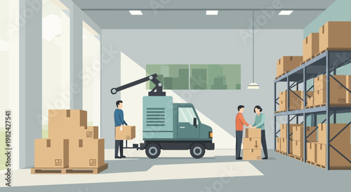 Modern Warehouse Logistics and Distribution Center Illustration with Staff Managing Inventory and Cardboard Boxes