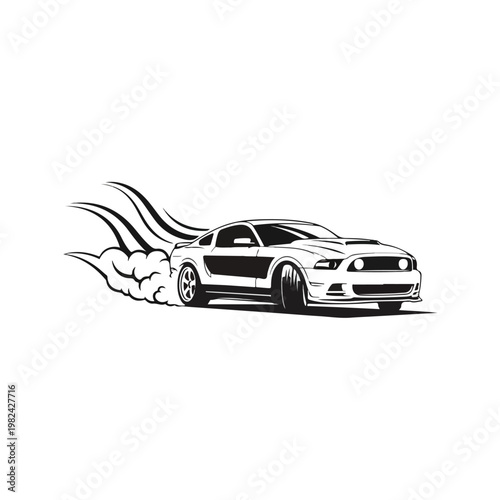 Dynamic mustang car vector illustration drifting with tire smoke trails and speed flames in bold black ink silhouette style