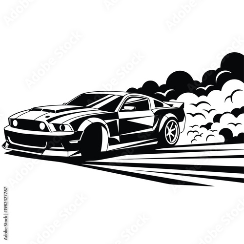 Dynamic mustang car vector illustration drifting with thick tire smoke trails on a sleek black and white silhouette design