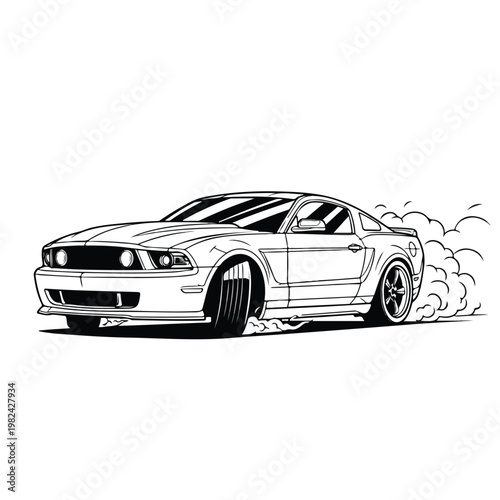 Dynamic mustang car vector illustration of sleek sports coupe drifting with tire smoke on a racetrack in bold line art style
