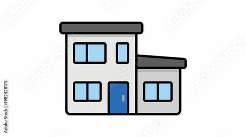 Modern minimalist building icon with blue door and windows