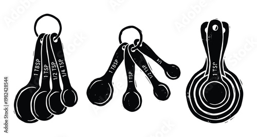 Measuring spoons set, different sizes, black kitchen utensils vector