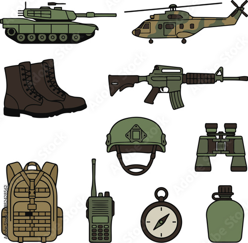 Military equipment set including tank, helicopter, rifle, boots, helmet, backpack, radio, binoculars, compass, and canteen in flat vector style.