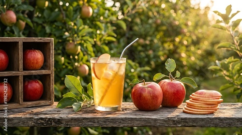 Apel segar dan minuman jus apel di kebun apel alami saat matahari terbenam untuk gaya hidup sehat dan kebugaran