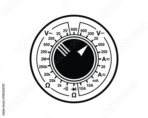 Multimeter dial vector illustration with voltage, current, and resistance scales