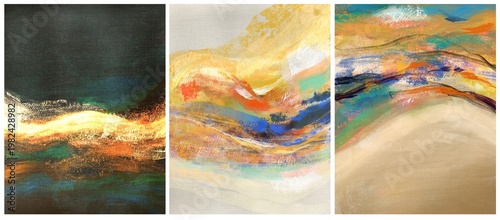 Set of abstract interior posters, modern abstract art, contemporary painting, triptych, creative art, combo of posters in orange and green colors, minimalistic wall decoration, oil painting on canvas