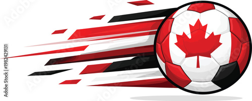 Canadian soccer ball with maple leaf flag, flying football with motion speed trails, red and white sports vector art