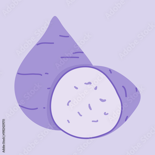Cute taro root flat illustration showing whole and sliced taro in minimalist purple style. Root vegetable isolated on a soft background, suitable for Asian food themes, menus, packaging, stickers