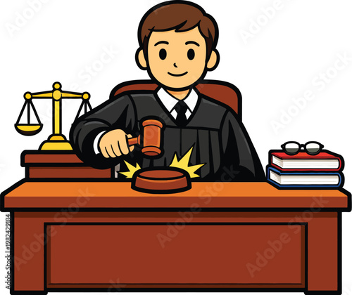 Cartoon judge character hitting gavel at courtroom desk. Legal justice professional vector. Law and order illustration.