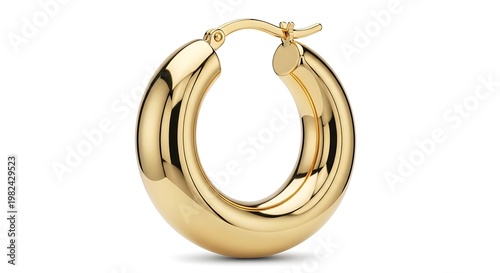 A gold earring with a shiny surface is displayed on a white background.