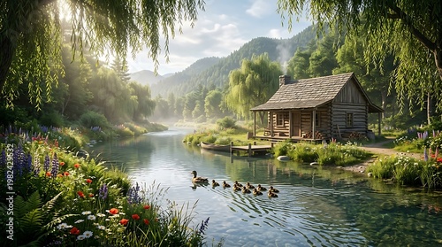 Pemandangan Danau Tenang dengan Rumah Kayu di Pinggir Sungai Dikelilingi Alam Hijau dan Pegunungan
