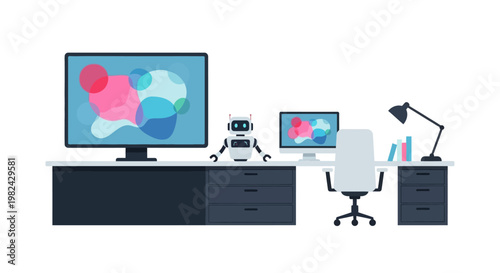 Modern Workspace Illustration with AI Robot Assistant, Computer Monitors, and Office Desk for Future of Work and Automation Concept