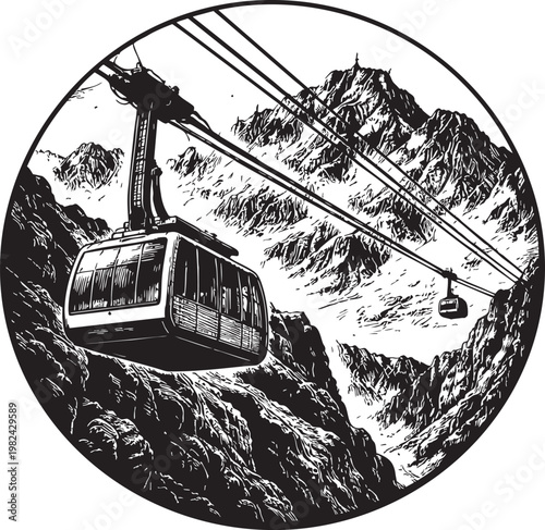 Zugspitze cable car germany alpine mountain transport peak linocut illustration for packaging label logo use