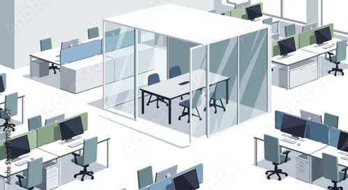 Modern Isometric Open Plan Office Interior Illustration with Private Glass Meeting Room and Workstations