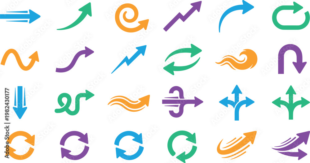 Fototapeta premium Vector collection of colorful arrow icons and directional signs with curved and circular pointers for business marketing designs, isolated on transparent background