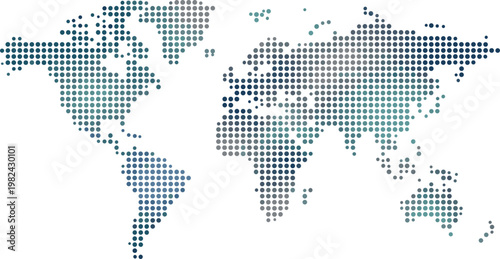 Dotted world map with blue and grey halftone circles for global business and technology infographic designs, isolated on transparent background