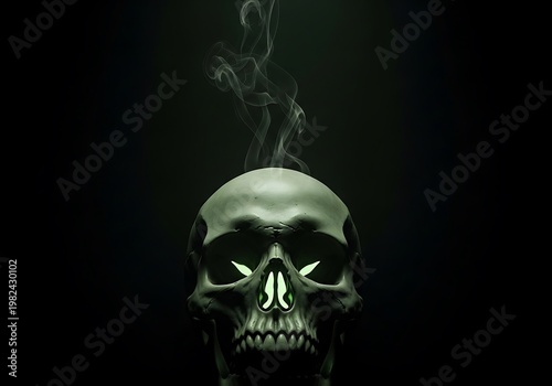 Eerie Human Skull with Glowing Green Eyes and Smoke. Generative Ai