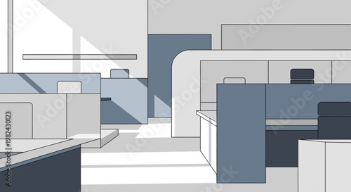 Minimalist Office Interior Illustration with Geometric Cubicles and Modern Blue and Gray Color Palette