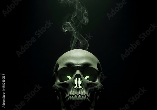 Eerie Human Skull with Glowing Green Eyes and Smoke. Generative Ai