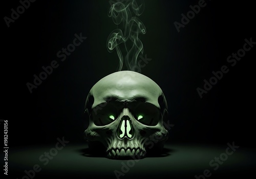 Eerie Human Skull with Glowing Green Eyes and Smoke. Generative Ai
