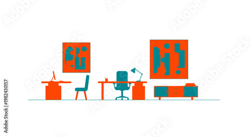 Modern Minimalist Office Workspace Illustration with Furniture and Abstract Art in Teal and Orange Flat Design Vector