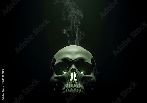 Eerie Human Skull with Glowing Green Eyes and Smoke. Generative Ai