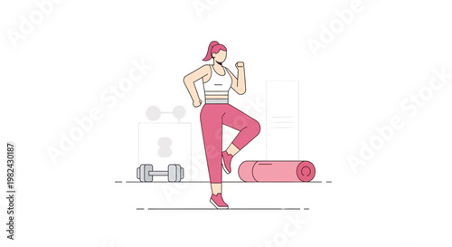 Minimalist Illustration of a Woman Exercising at Home with Gym Equipment and Accessories