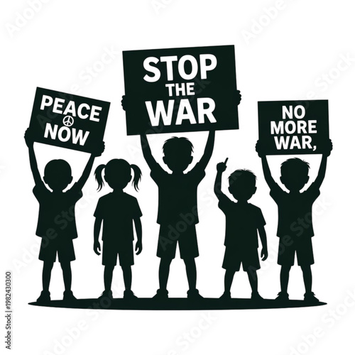 A vector graphic illustration of children holding anti-war signs in a peaceful protest