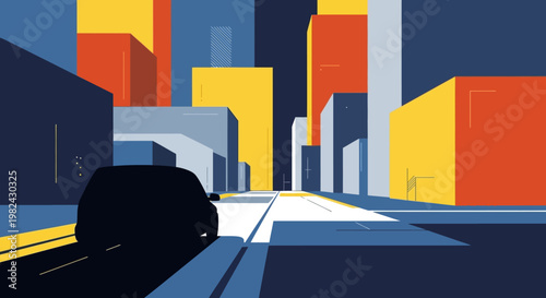 Minimalist Cityscape Illustration with Car Silhouette on Street, Geometric Bauhaus Style Urban Night Scene