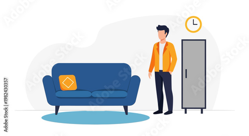 Modern flat vector illustration of a man standing in a minimalist living room or office waiting area with blue sofa, wall clock, and cupboard storage unit.