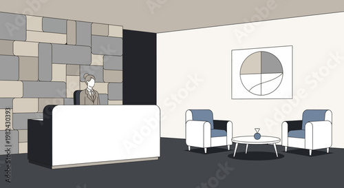 Modern Minimalist Office Reception Area Illustration with Receptionist, Waiting Room Furniture, and Contemporary Interior Design