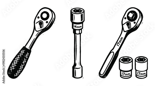 Ratchets and Sockets Set Hand Drawn Style