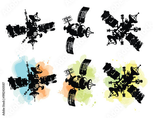 Satellite Silhouette Set with Watercolor Backgrounds