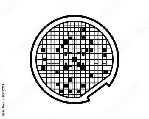 Silicon wafer pattern, microchip fabrication with grid and notch, black and white