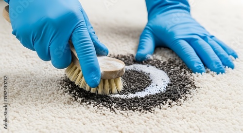 Hands in Blue Gloves Scrubbing a Carpet Stain with a Brush.