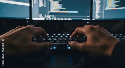Hands Typing on Keyboard with Code on Computer Screens.