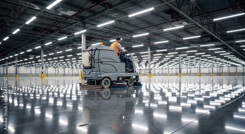 Industrial Cleaning Machine Operating in Vast Empty Warehouse.