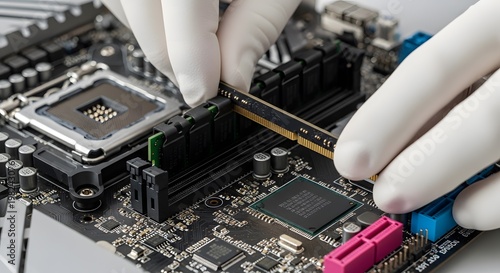 Installing RAM Module into Computer Motherboard Socket Close-up.