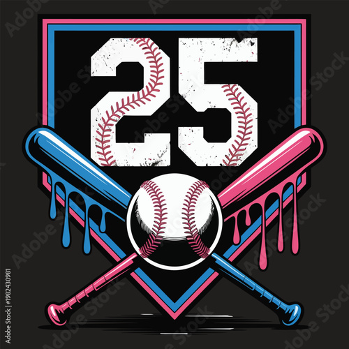 Baseball 25th birthday design with crossed dripping bats and ball