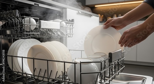 Loading a Dishwasher with Steaming Hot Plates and Utensils.