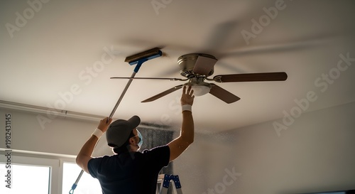 Man Cleaning Ceiling Fan Blades with a Long Duster Tool.