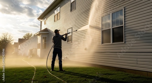 Man Power Washing a House Exterior with a Pressure Washer at Sunset.