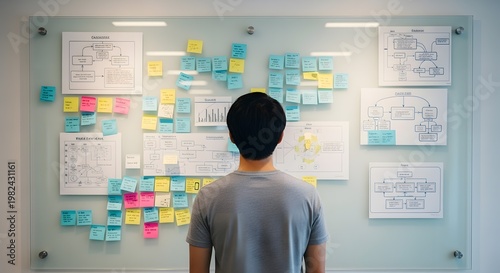 Man Strategizing with Sticky Notes and Flowcharts on Glass Board.